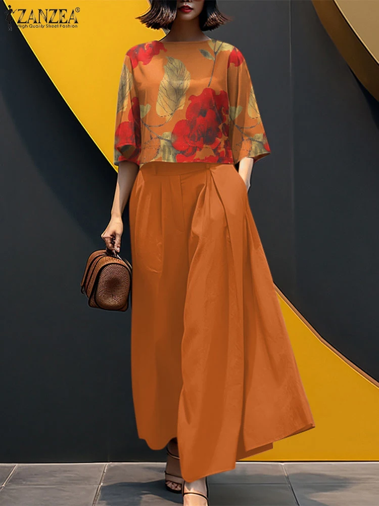 

2025 ZANZEA, летняя блузка с рукавами 3/4, брючный костюм, комплект из 2 предметов, женские модные одинаковые комплекты, элегантные комплекты с широкими брюками