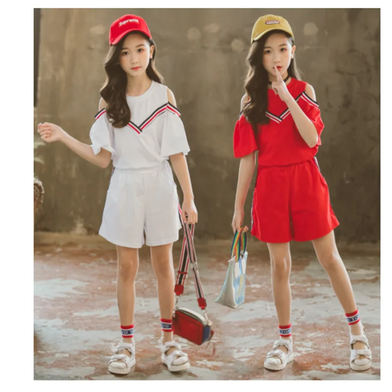 

Kids Girl Summer Clothes Set Summer Elegant Ruffle Sleeve T-shirt Top and Shorts 2pcs Teens Suits 3 To 14 Year Children Outfits