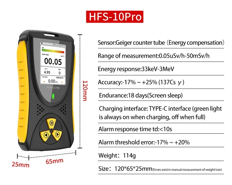AIKESI HFS-10Pro Detector de radiação nuclear portátil Testador de raios de dose pessoal Contador Geiger Beta Gamma X Detector de raios