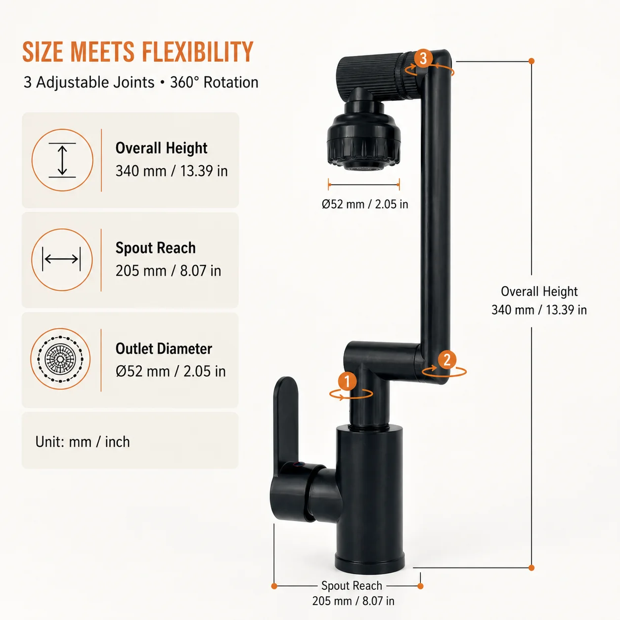 Multi-Angle Adjustable Kitchen Faucet, 360° Rotation 3 Joint Foldable Swing Arm Kitchen Water Tap