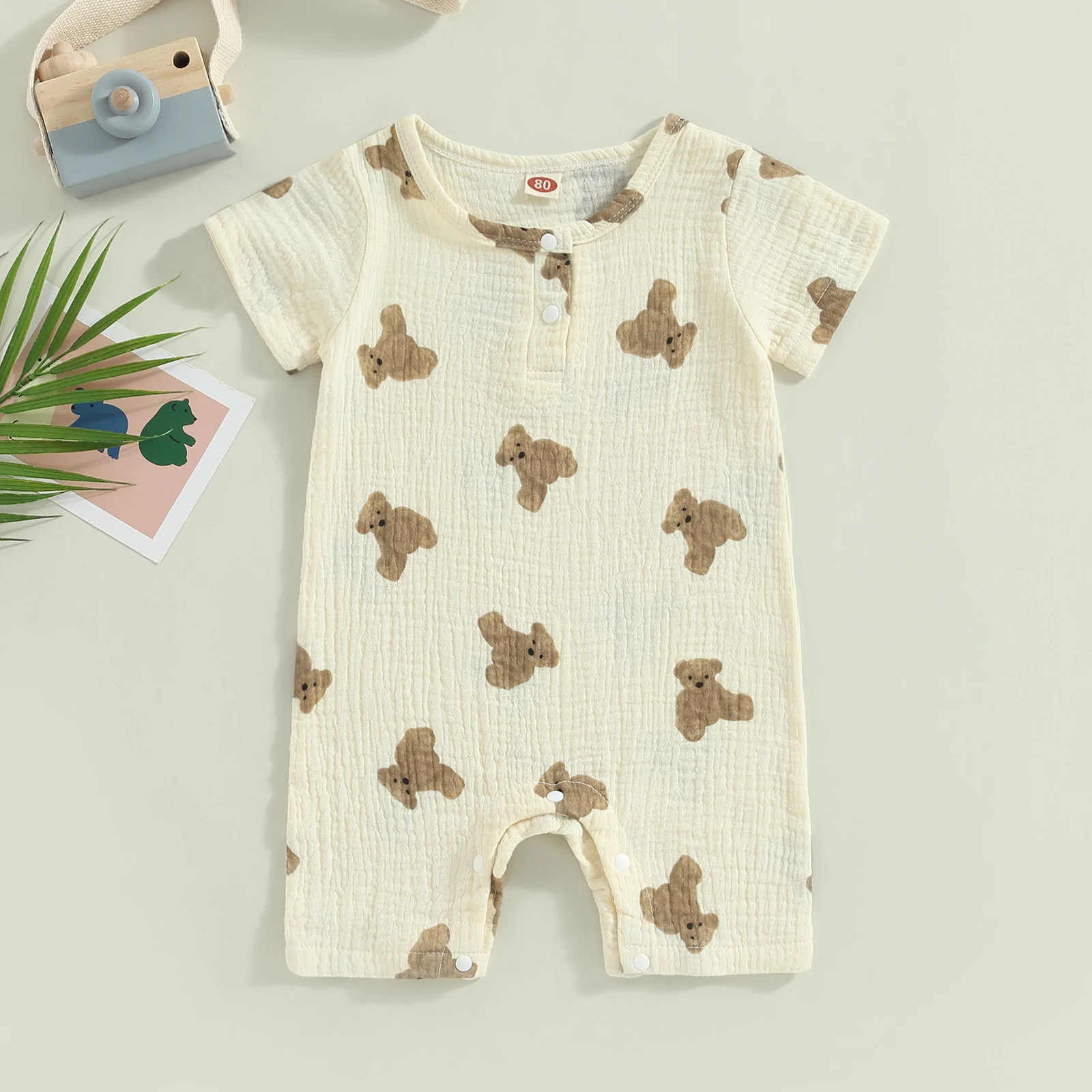 

Newborn Infant Baby Boy Cotton Linen Button Sun Print Romper Summer Cute Short Sleeve Bodysuit Jumpsuit Playsuits Outfits