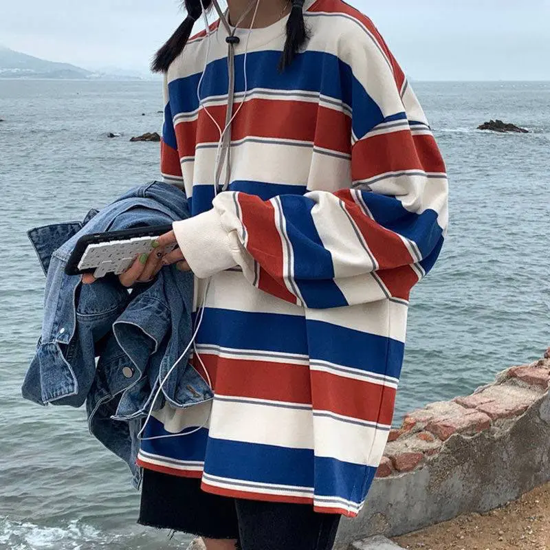 Striped T Shirts Women Summer Women Top Tees Loose Long Sleeves T-shirt Teen Patchwork Streetwear Korean Style Couple T-shirt