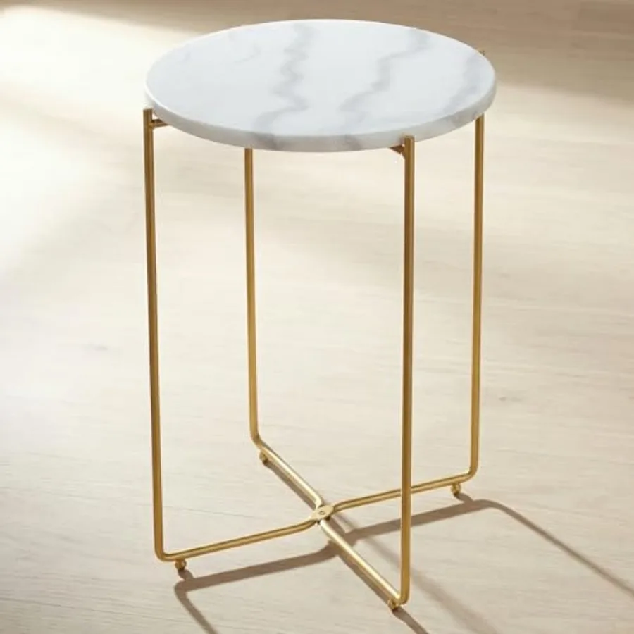 

Real Marble Side Table No Assembly Required Round End Table for Living Room 15" Modern Small Accent Bedside Table with Gold Met