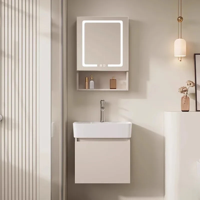 Small Apartment Honeycomb Aluminum Bathroom Mirror Cabinet Combination Ceramic Integrated Wash Basin Bathroom Storage Cabinet