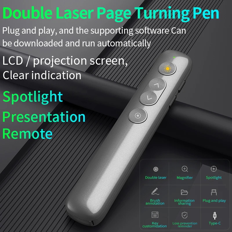 Double Laser Pointer Pen Digital RF Wireless Presenter Remote Control Plug and Play Spotlight Magnifier Turn Page PPT Clicker