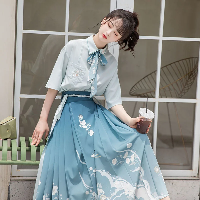 Rok wajah kuda Hanfu asli gaya Cina wanita, baju tradisional Modern Set rok bordir kostum tari harian