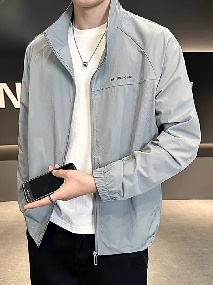 

Men's Summer Lightweight Breathable Ice Silk Cool Feeling Stand Collar Sports Jaet Outdoor Casual Long Sve Zipper