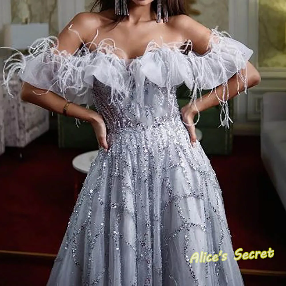 A-Line Tulle Evening Dress Off-Shoulder Sleeveless Beading Pleat Floor Length Vestido de Noche para Mujeres