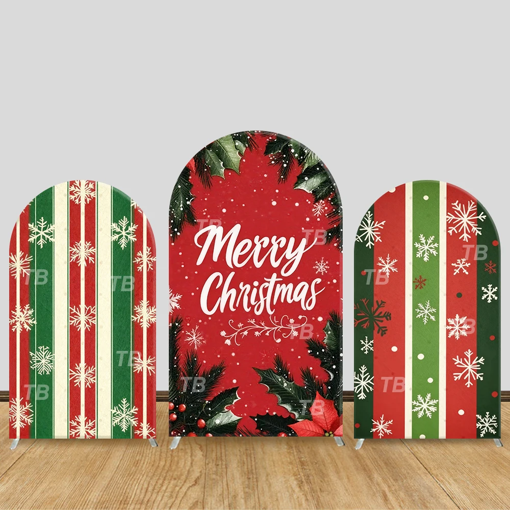 

Merry Christmas Theme Arch Backdrop Cover Holiday Family Gathering Christmas Party Photo Booth with Bright Decorations and Props