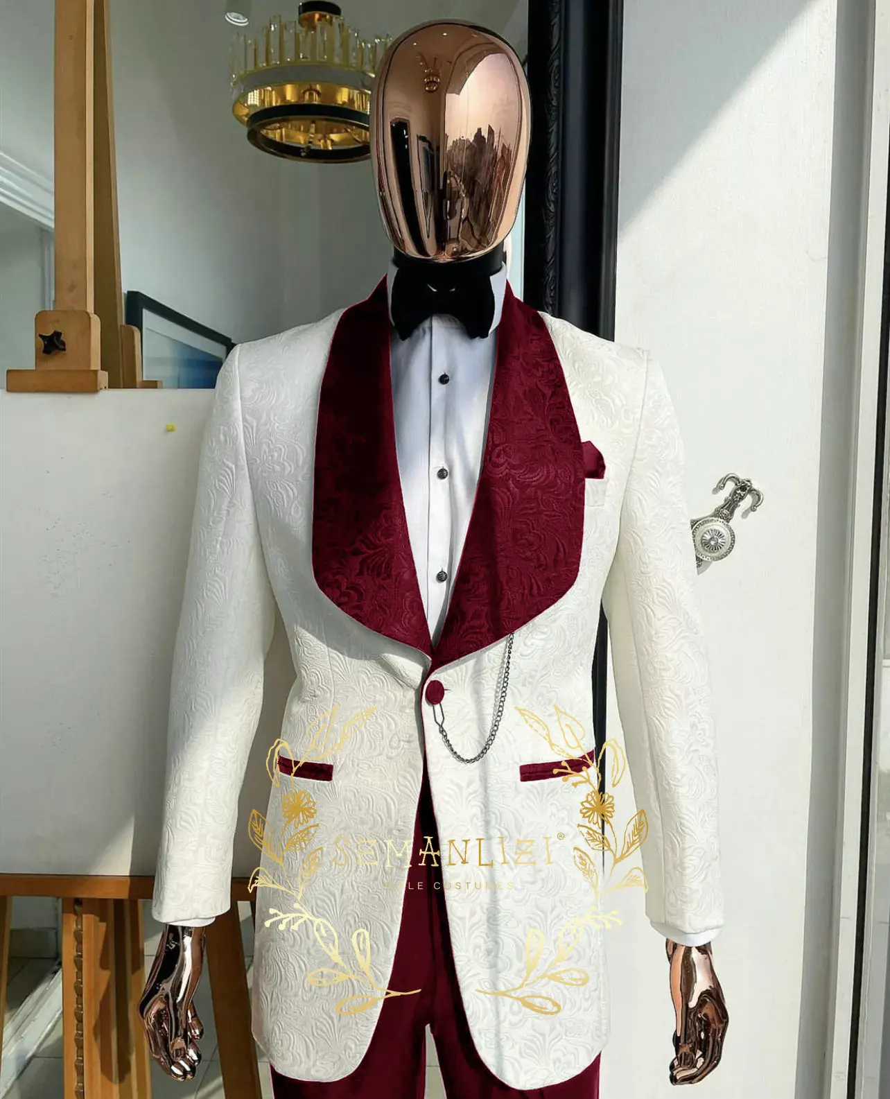 Męski garnitur ślubny slim fit z białą kurtką w kwiaty, smoking, granatowy garnitur na przyjęcie weselne z paisley'owym kołnierzem, strój dla pana młodego, garnitur dla drużby, marynarka Homme.