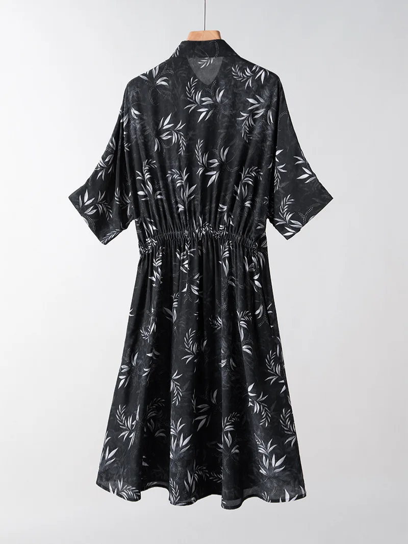 Women's Long Dress 100% Mulberry Silk Floral Printed Lapel Collar Shirred Maxi Dress Waist Vintage Retro Summer Dress 2026