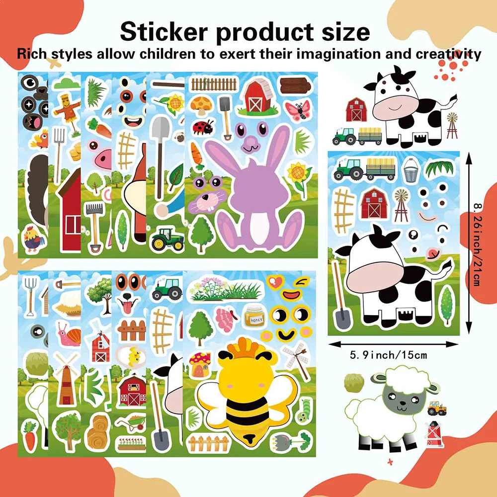 6/12Sheets Children Make a Face DIY Animals Puzzle Stickers Create your own Cat Pig Cow Kids Assemble Jigsaw Toys Reward Decals