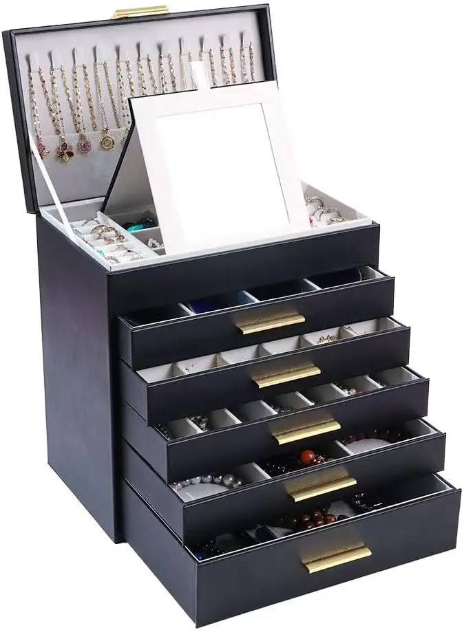 6-Layer Jewelry Organizer with Drawers and Mirror - Large Storage Box for Earrings, Necklaces, Rings