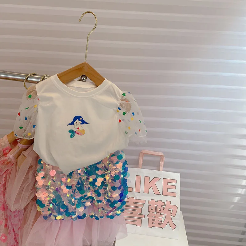 Girls Set 2026 Spring Summer New Cute Mermaid Top Shining Skirt Set Casual Fashion Daily Elegant Waer