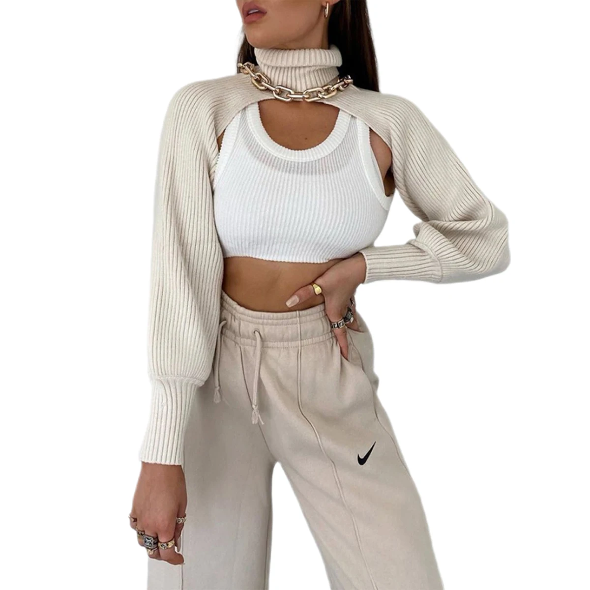 Donna s collo alto manica lunga a sbuffo aperto davanti Crop Cardigan Top Shrug maglione lavorato a maglia a coste Pullover Crop Top