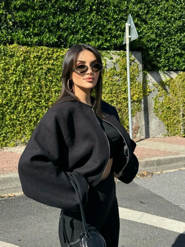 السيدات الشابات أزياء قصيرة فضفاض قنبلة سترة سستة طويلة الأكمام سترة رياضية في فصل الشتاء #5