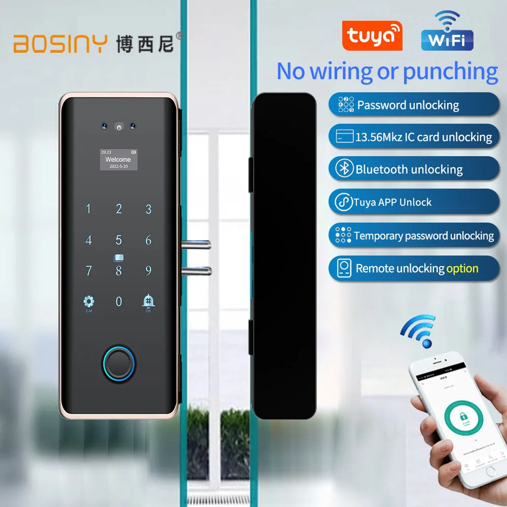 Tuya 3D フェイススマートガラスドアロックセキュリティカメラ顔認識指紋カードパスワード生体認証キーアプリロック解除