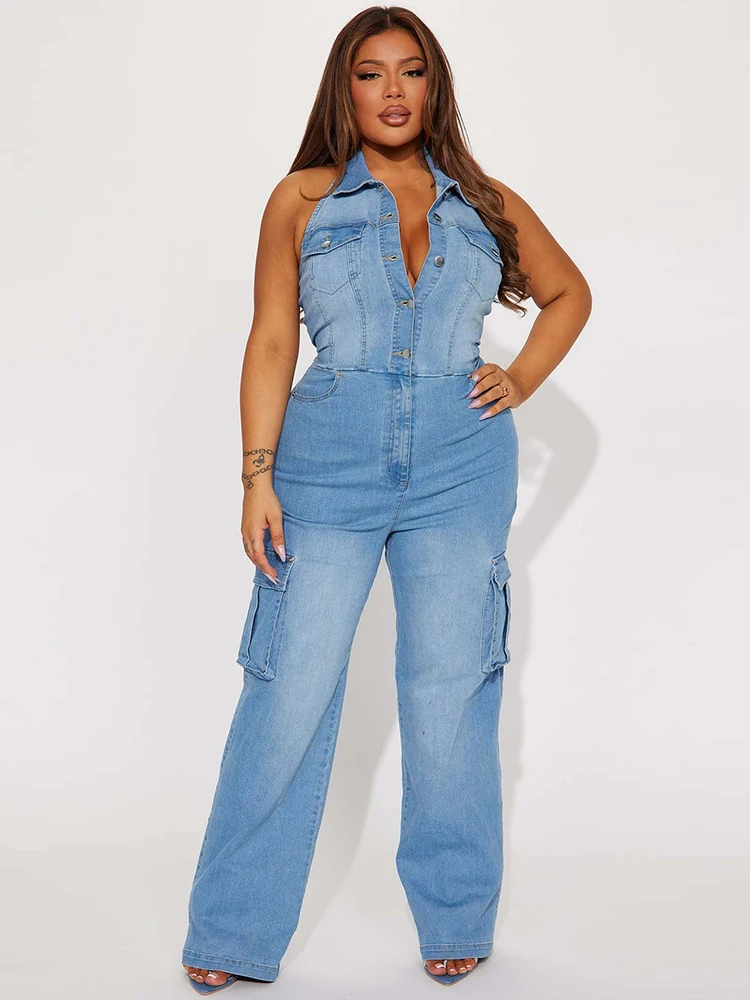 

Denim Jumpsuit with Straight Pants Summer One Piece Sexy Halter Jumpsuit Stretchy Jeans Jumpsuit Women Wholesale Dropshipping