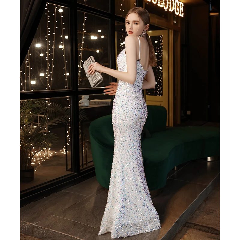 N11147 فستان سهرة مزين بالترتر للنساء ذيل السمكة المتلألئ وحزام طويل مع ملابس فساتين حفلات على شكل حرف a ذات ذاكرة حلوة