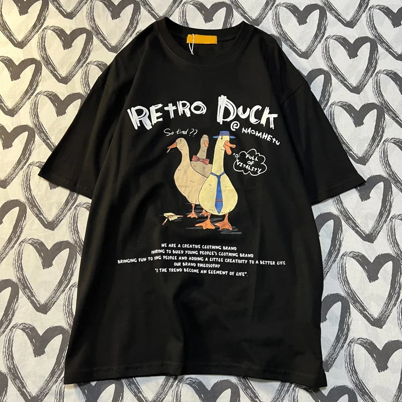 Three Ducks Ah American Retro Cartoon Printed Short Sleeved T-shirt For Men Women Couple Loose And Versatile Student Top Tee