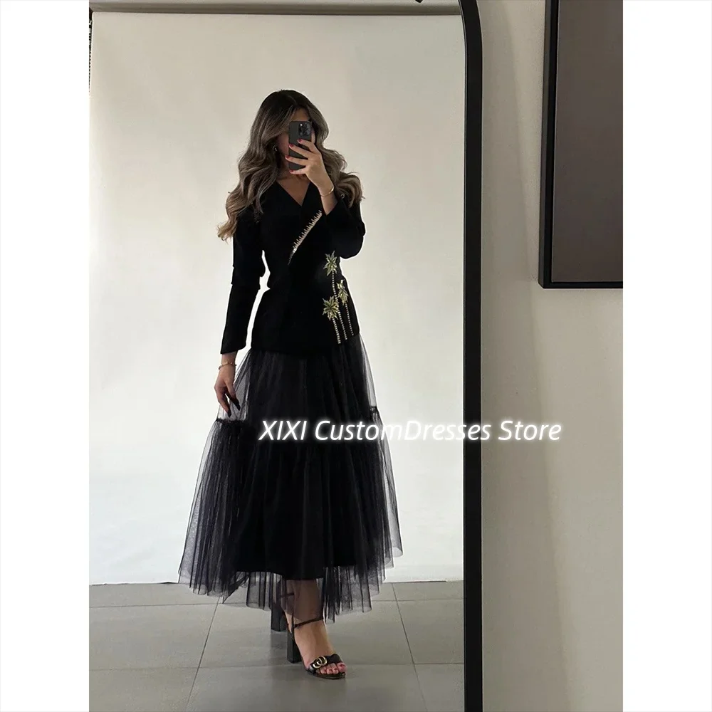

Customized Dubai Luxury Evening Dress A-Line V-Neck Ankle-Length Dresses For Special Events Ruffle Zipper Up Long Sleeves Prom