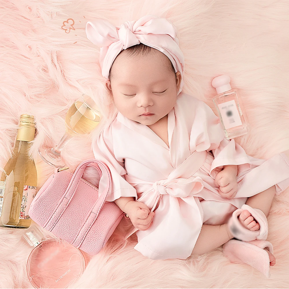 Sweet Princess Style Newborn Bathrobe Photography Props Set Pink Baby Bathrobe+Shower Cap+Bow Hairband Studio Photo Accessories