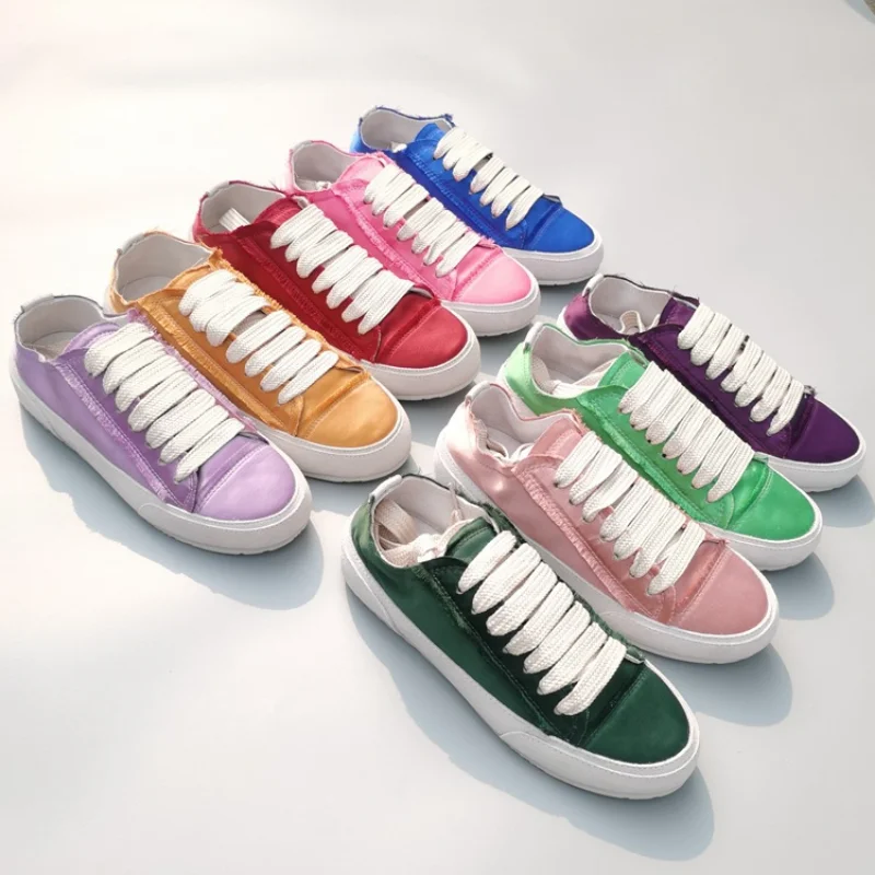 Niche Real Satin Soft Leather Soft Bottom Candy Rainbow Color Casual Sports Canvas Sneakers Women