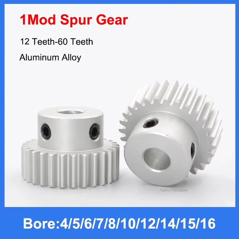 1pc 1Mod 12T-60T Aluminum Alloy Spur Gear 1 Module Motor Gear 12 13 14 15 16 18 20 22 24 25 26 28 30 32 33-60 Teeth Bore 4-16mm