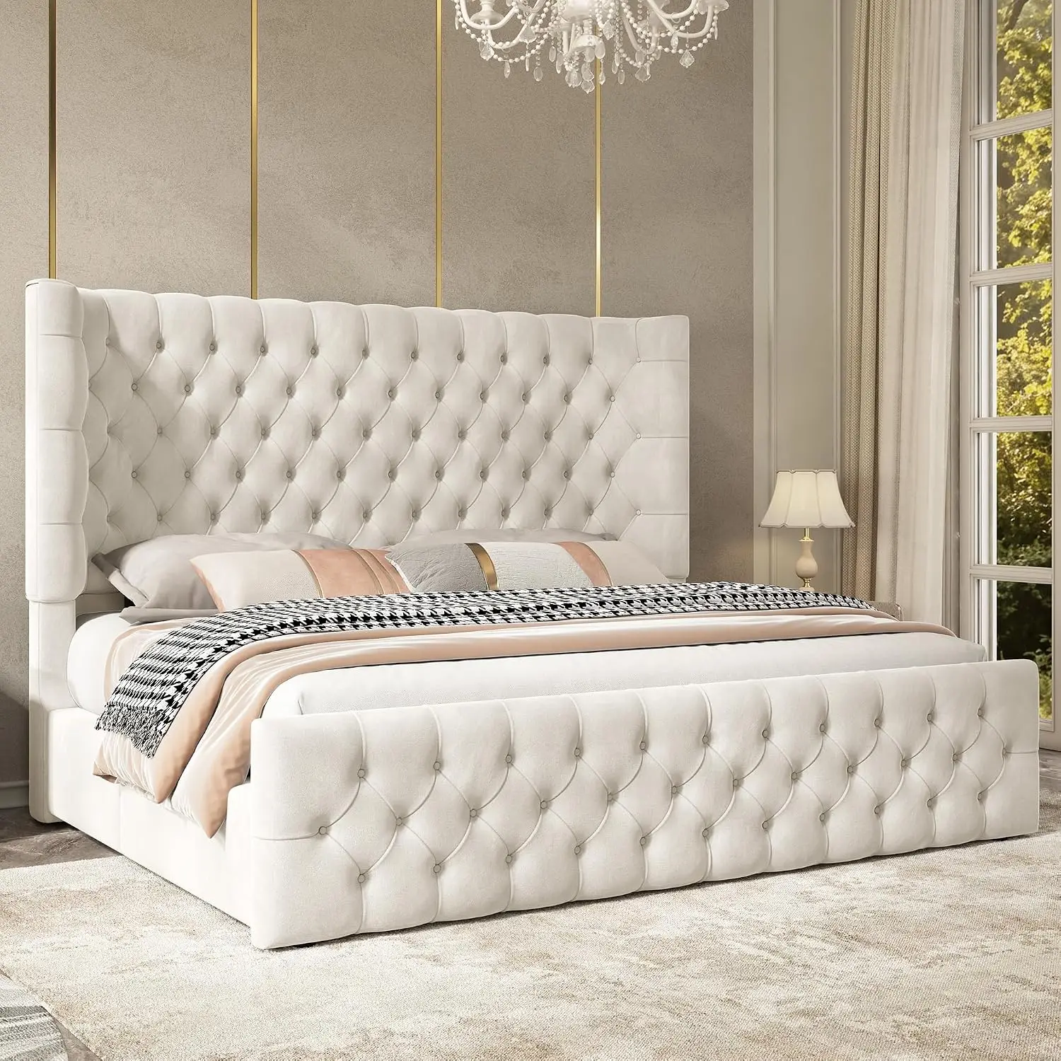 Bed Frame Upholstered Wingback Headboard & Footboard,Cream