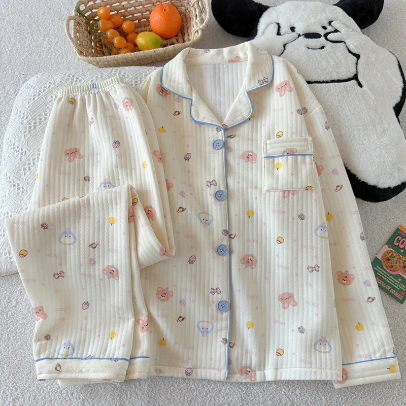 Cute Cartoon Print 2Pcs Sleepwear Women Autumn Long Sleeves Lapel Casual Homewear Soft Shirt&pants Pajamas Set Comfy Loungewear