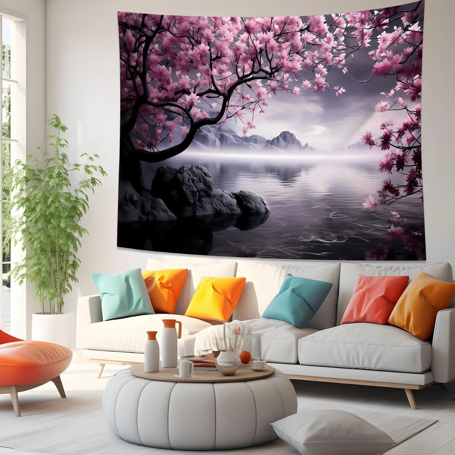 Japanese Cherry Blossom Tapestry Wall Hanging Asian Anime Nature Mountain Wall Art Calming Lake Ocean Tapestries for Bedroom