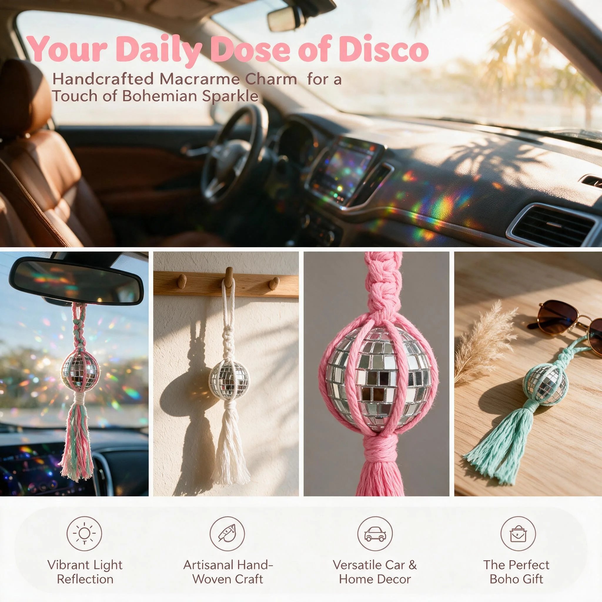 Macrame Disco Ball Hanging Decor Boho Car Rearview Mirror Ornament Rainbow Light Reflector Room Decor Aesthetic Gift for Girls