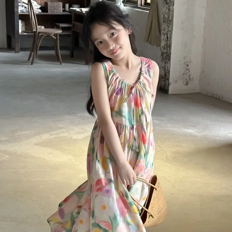 

Girl Skirt 2025 New Summer Childrens Clothing Korean Style Girl Baby Oil Painting Vacation Vest Dress Casual Simple Tide