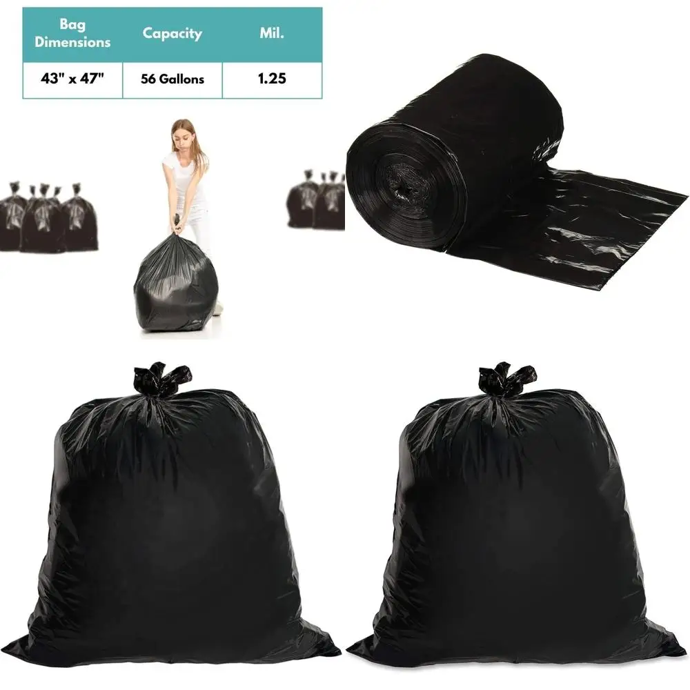 

56 Gallon Capacity Black Trash Bags, 200 Count, 1.25 Mil Thickness, Ideal for Commercial Kitchens, Warehouses, Offices, and Jani