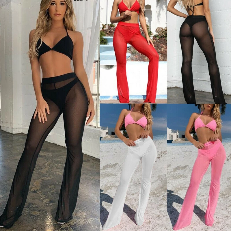 New Sexy Ruffle Women Beach Mesh Pants Sheer Leg Pants Transparent See Through Cover Up Bikini Trouser Pantalon Hot S-XL