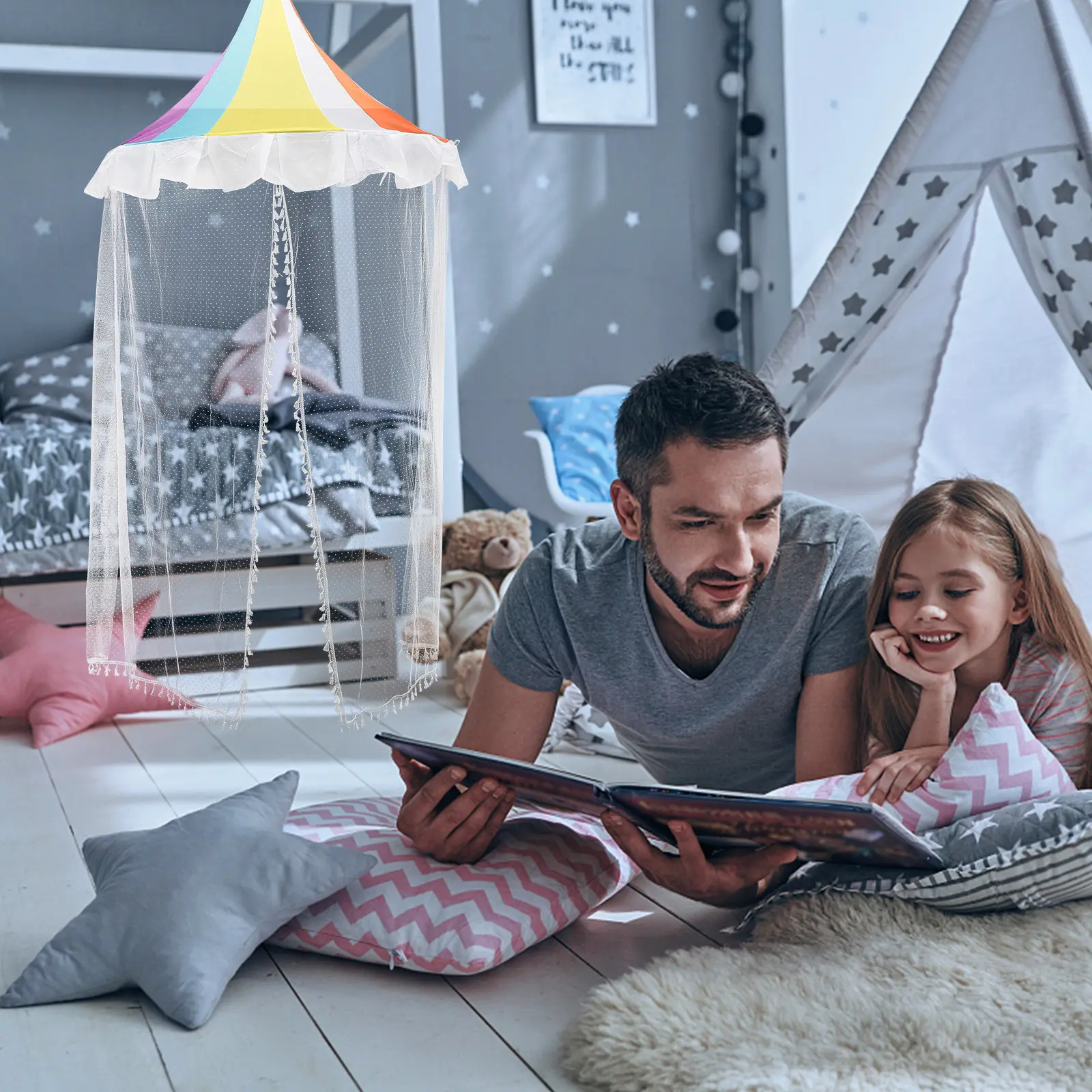 Rainbow Half-Dome Bed Canopy for Girls Crib Tent Fairy Castle Reading Corner Play Tent Sleep Environment Decor Kids Bedroom
