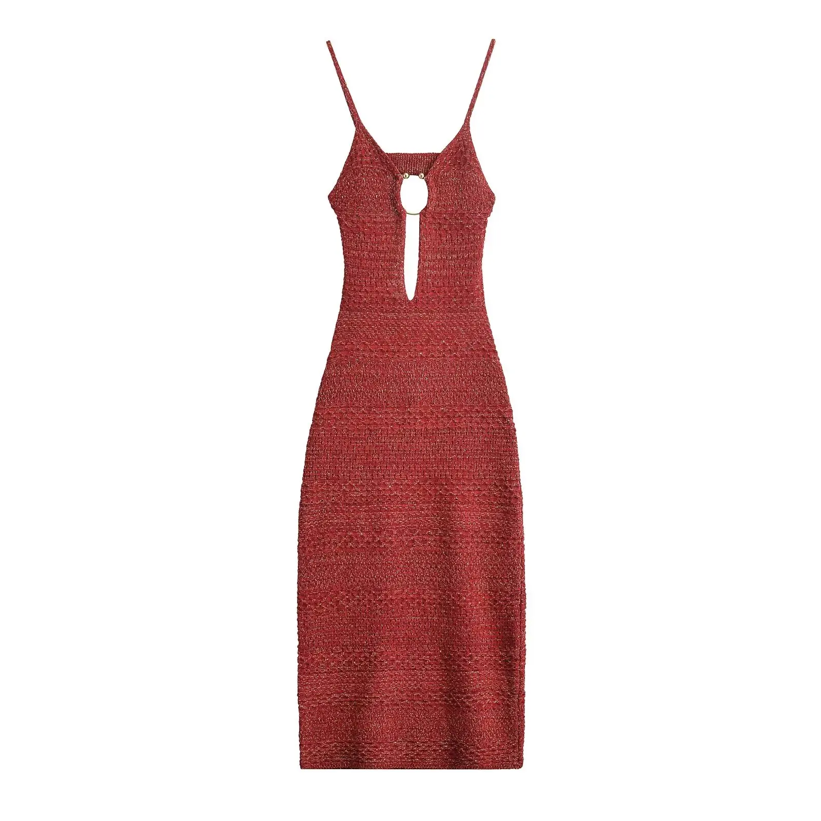 Tangada 2024 Women Red Hollow Strethy Knitted Dress Female Chic Backless Long Dresses AI081