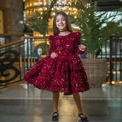 Scoop Burgundy Flower Girls Dresses for Kids Knee Length Full Sleeve Christmas Gowns with Sequind 2024 Velvet فلور فتاة اللباس