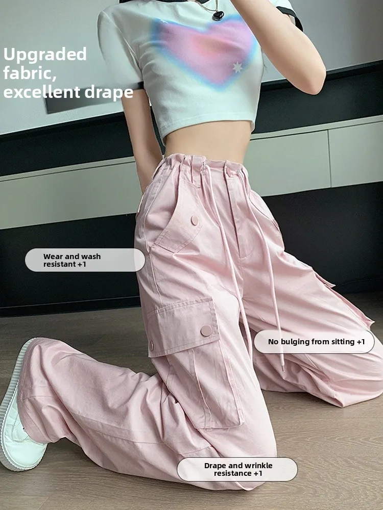 Roze hoge taille rechte pijpen dunne casual sportbroek dames zomer losse wijde pijpen werkkleding broek Koreaanse Sle pendelen