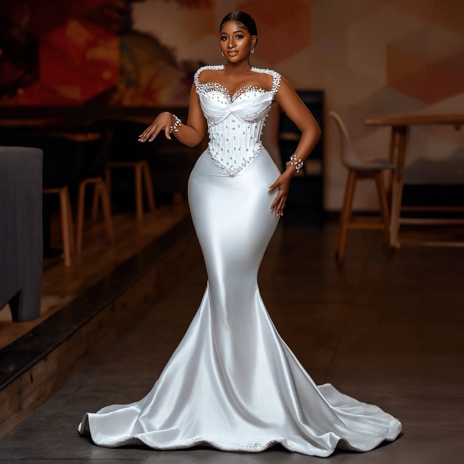 

Plus Size Wedding Gown Formal Dress with Hand Pearls Aso Ebi Style Bridal Dress Gorgeous African White Mermaid Evening Dresses