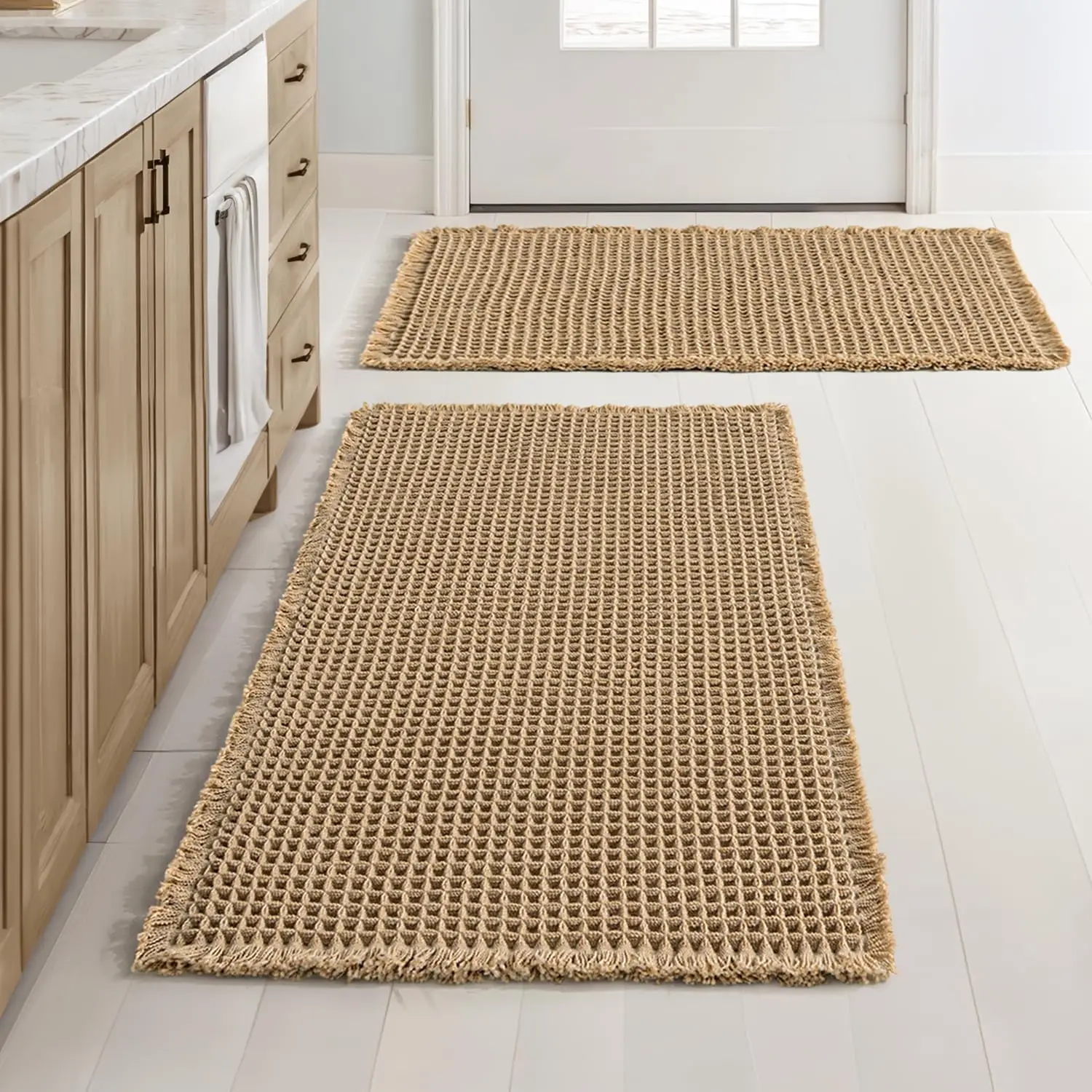 Waffle Bathroom Rugs Set of 2, Non Slip Washable Bath Mats, Super Absorbent Shower Mats for Bathroom Floor, Brown 18x30 Inch