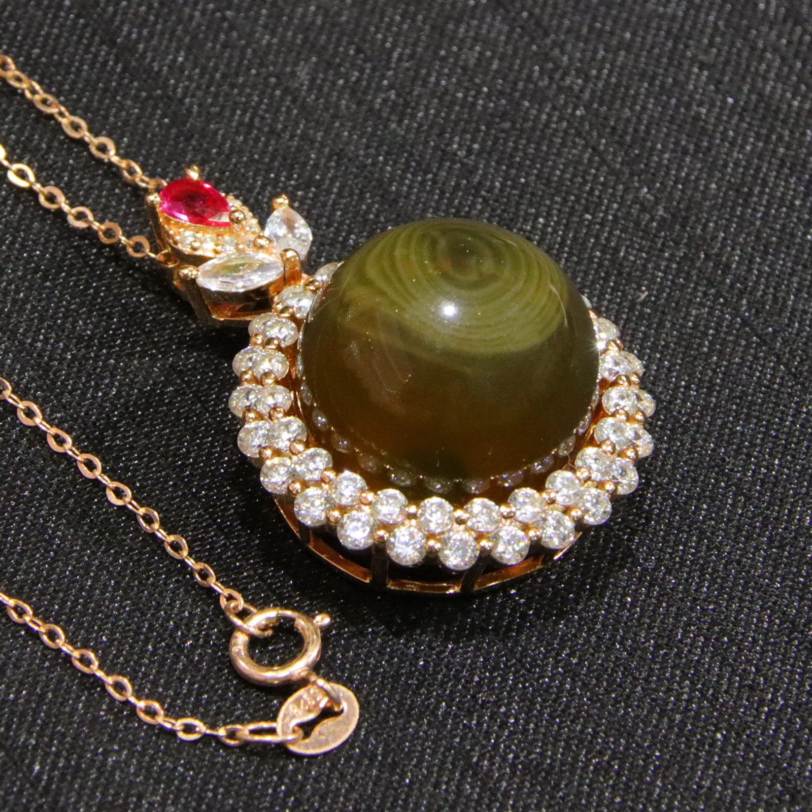 Natural Mexican Blue Amber Sterling Silver Pendant 16mm Round Bead Surrounded by Cubic Zirconia Necklace Jewelry Gift for Women