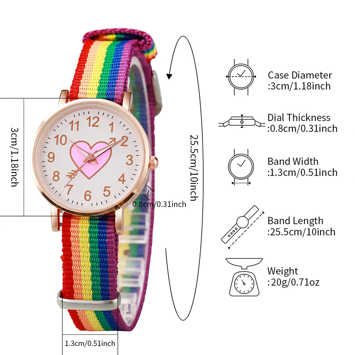 4PCS/Set Fashion Heart Dial Women\'s Watch Nylon Band Quartz Watch Rainbow Beads Bracelets Set