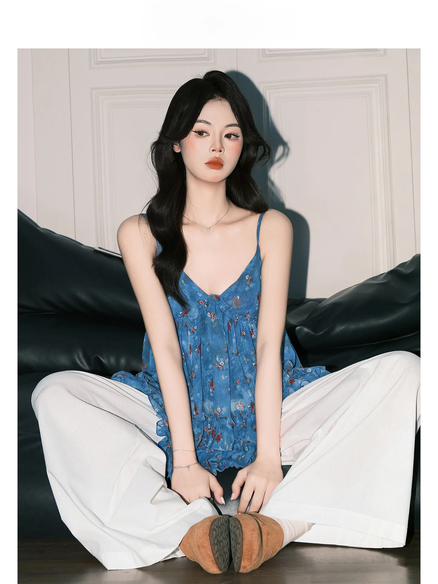 Forever21 Blue Floral V-neck Loose Strapless Vest Women Summer Korean Style Holiday Sleeveless Top Women's Fashion