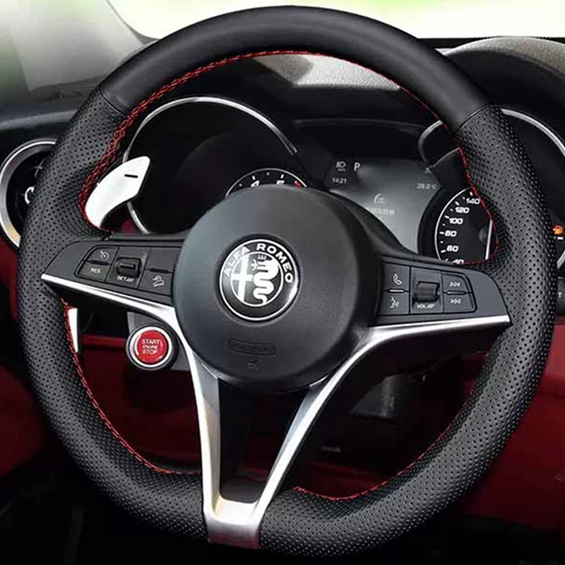 Hand-Stitched High-Quality Non-Slip Black Genuine Leather Car Steering Wheel Cover For Alfa Romeo Giulia Stelvio 2015-2018