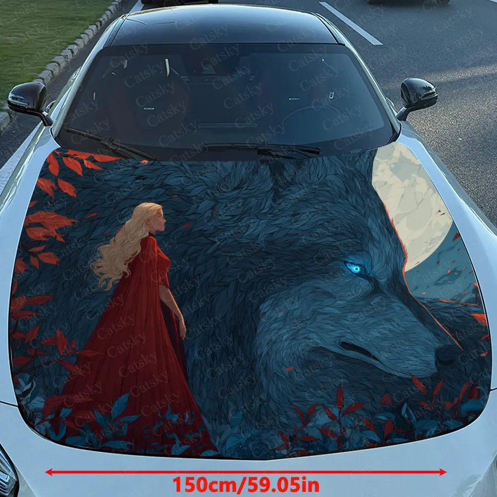 Red Dress Girl And Blue Eyed Wolf Car Hood Sticker, Splash Proof PVC, Easy To Disassemble, Waterproof And Scratch Resistant, Sel