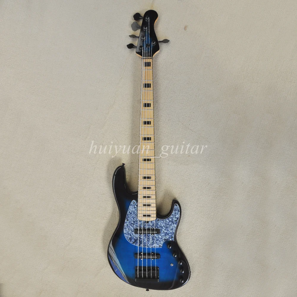 Flyoung 5 Strings Blue Active Electric Bass Guitar with Maple Fretboard 24 Frets