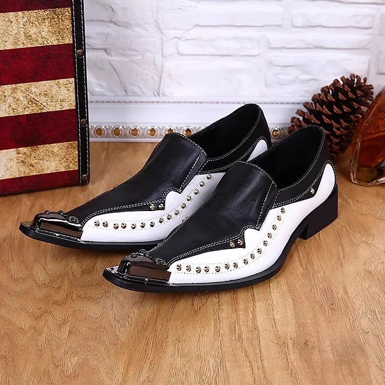 

Punk Style Rivet Men's Sewing Shallow Loafers Fashion Mixed Color Pointed Toe Chunky Heel Leisure Shoes Male Party Dress Oxfords