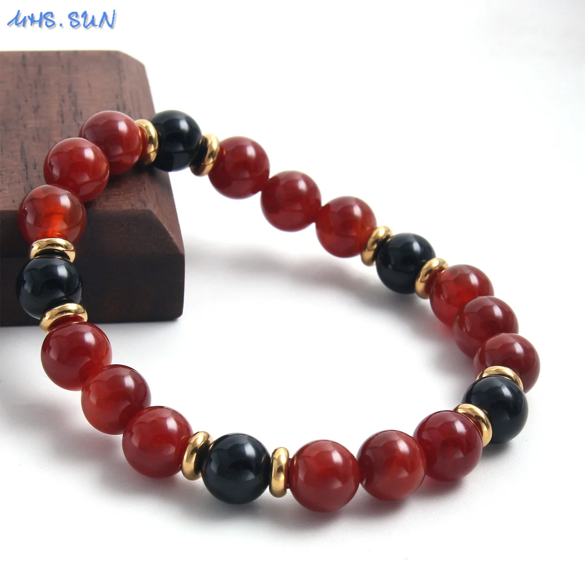 SUNSLL Simple Elastic Natural Stone Beads Bracelet Gold Plated Women Men Vintage Vermilion Reiki Healing Bracelets Jewelry