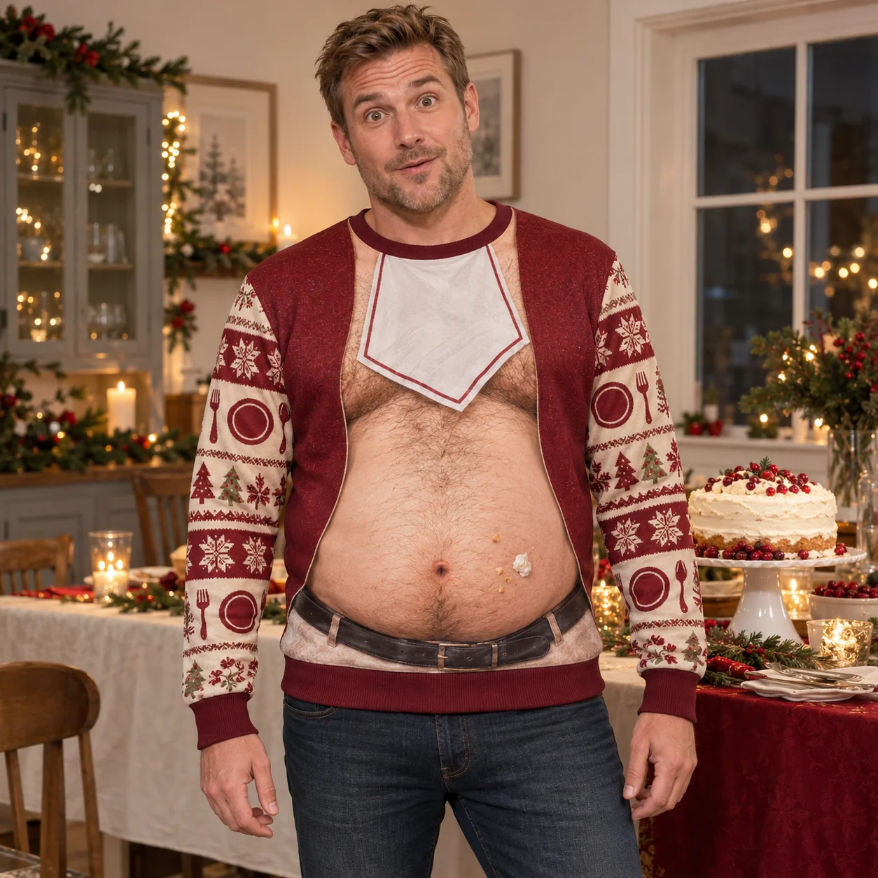 Weihnachts-Dinner-Bauch-Design, hässlicher Weihnachtspullover für Herren, 3D-Druck, Polyester, Rundhals-Sweatshirt, lustiger Pullover für Feiertagspartys. – Detail 6